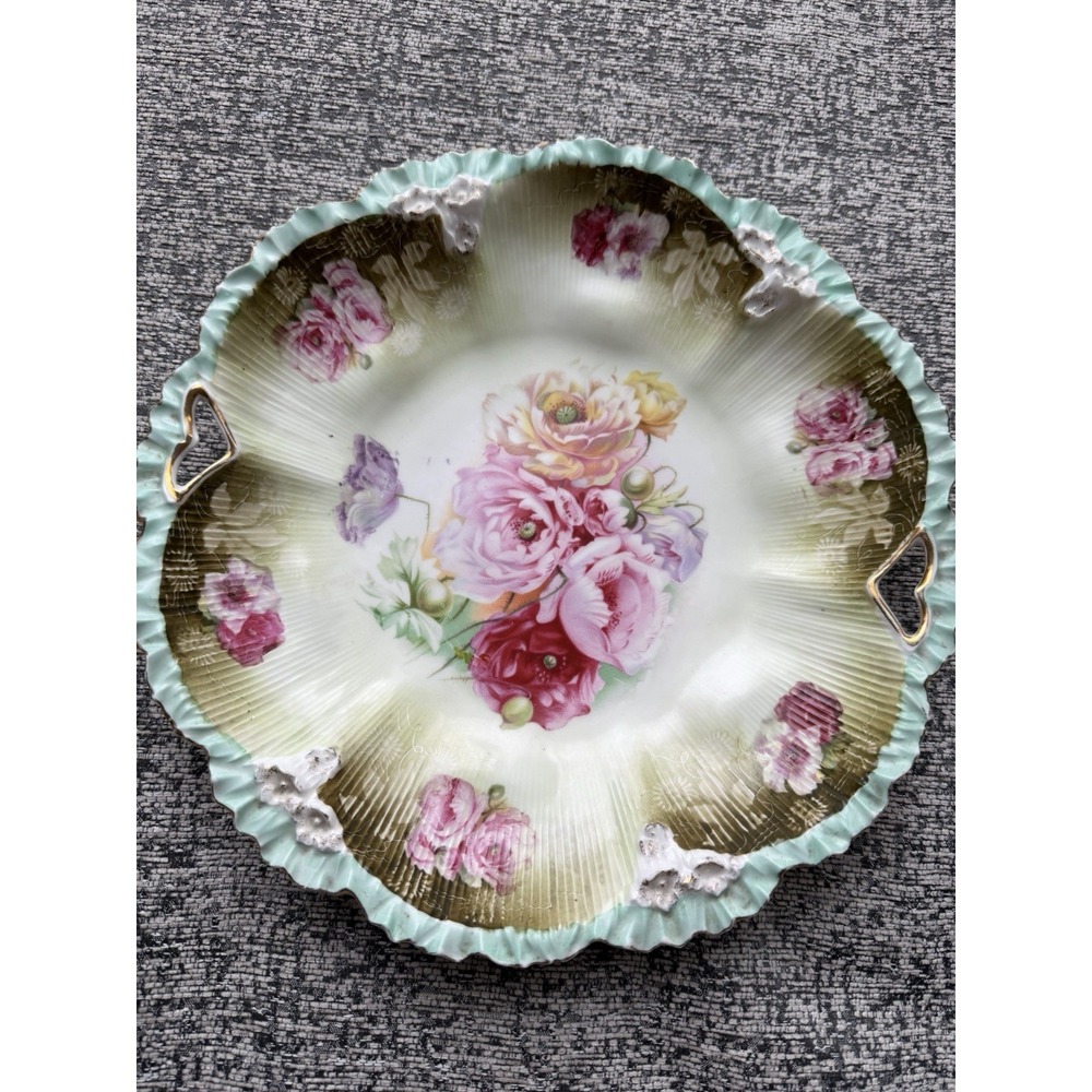 Antique RS Prussia Marked Porcelain Floral Serving Bowl Tray 11" Mint Green Gold